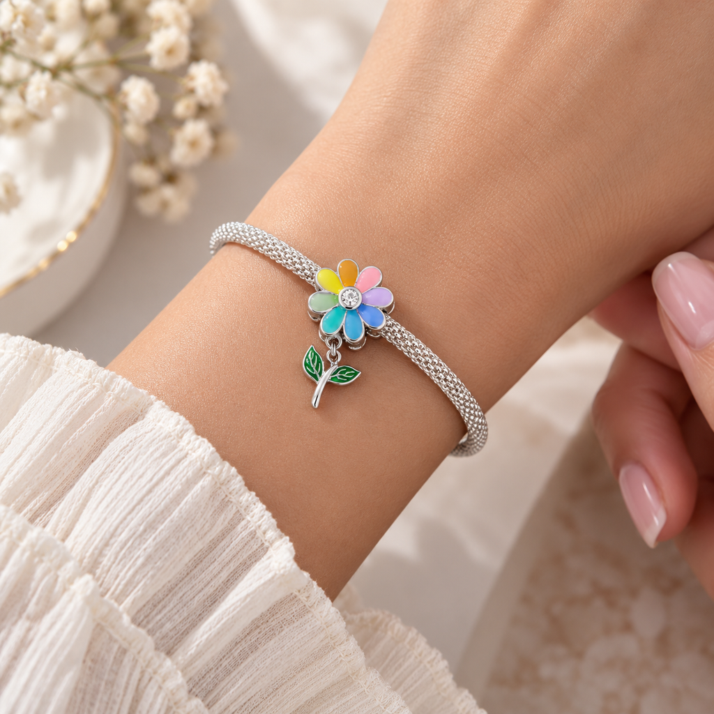 Woman wearing colorful sunflower 925 sterling silver bracelet with floral jewelry style